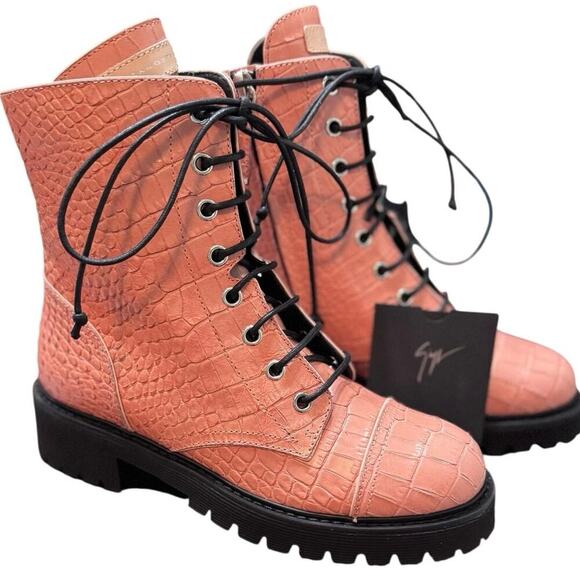 NEW Giuseppe Zanotti Pink Snakeskin Leather Combqt Boots Size 36 W/Box